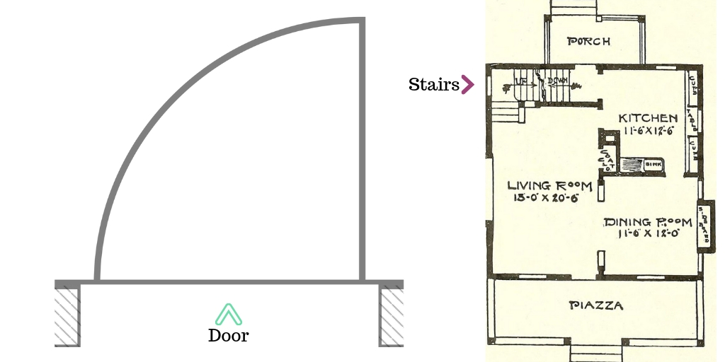 How are doors drawn in a floor plan?
